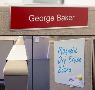 Cubicle nameplate sign combination with nameplate holder and whiteboard. Easily slides over any cubicle wall and moves anywhere without damaging the wall. NapNameplates.com