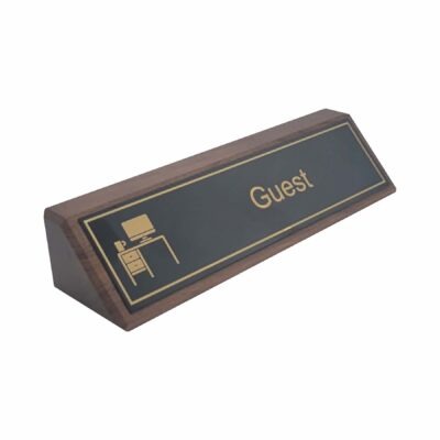 8" x 2" Brass Hoteling Nameplate with Walnut Wood Desktop Holder